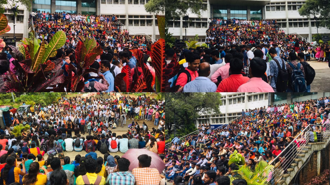 بنگلور یونیورسٹی کو بھگوا رنگنے کی کوشش کیمس میں گنیش مندر تعمیر کی مخالفت میں طلبہ کا احتجاج